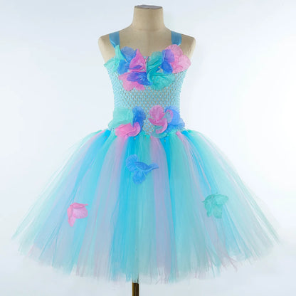 Costumi da fata dei fiori turchese per ragazze Abiti da principessa fata farfalla con ali Bacchetta per bambini Vestito da tutù di carnevale di Halloween