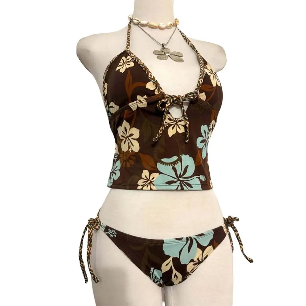 2Pcs/Set Fashion Summer Y2k Beach Bikini Punk Harajuku Women Swimsuit Vintage Goth Bikini Set Vacation