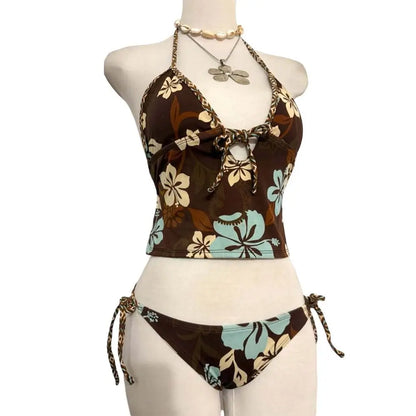 2Pcs/Set Fashion Summer Y2k Beach Bikini Punk Harajuku Women Swimsuit Vintage Goth Bikini Set Vacation