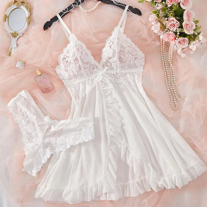 Pigiama lingerie erotica push up in pizzo a V profondo Set pigiama estivo sottile donna camicia da notte abito da notte caldo reggiseno sexy taglie forti perizoma da notte