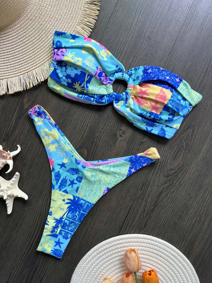 Sexy bunter floraler Bandeau-Bikini Damen-Badeanzug Damen-Bademode zweiteiliger Bikini-Set Badeanzug Schwimmdame