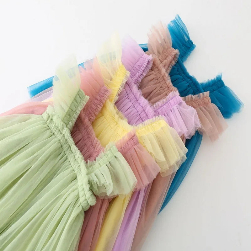 Nuova estate bambini ragazza vestito fionda senza maniche colletto quadrato tinta unita maglia principessa abiti da spiaggia bambino abbigliamento casual E2200