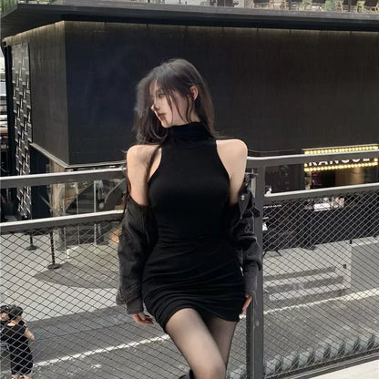 Summer Sexy High Neck Tight Dress Oversleeve Pleated Bottom Wrapped Hip Dress Women Bodycon