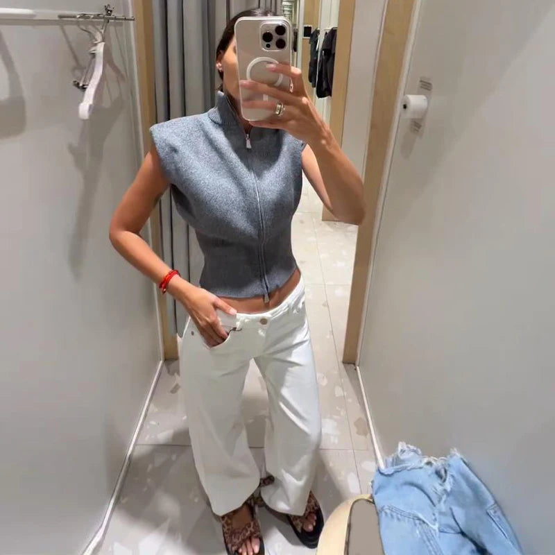 Cardigan in maglia da donna senza maniche con spalline imbottite, collo alto a metà, doppia cerniera, corto, aderente, tinta unita, top di tendenza per la strada