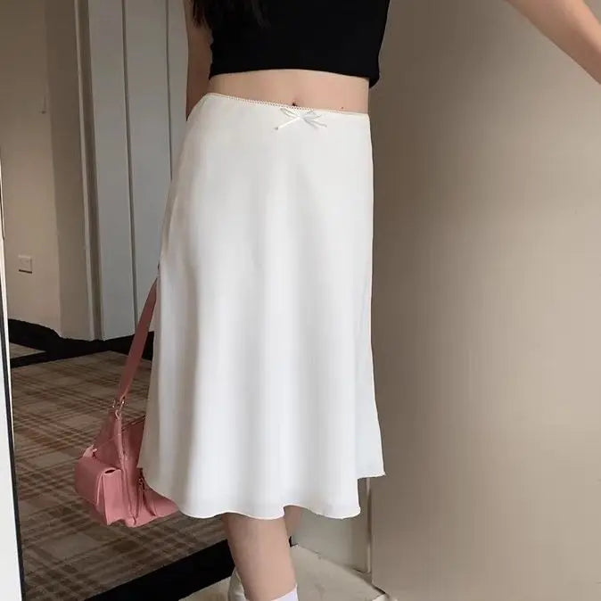 Gonna in raso da donna bianca elegante Deeptown Gonna a metà con volant Fairycore Coquette A-line Gonna estiva casual in seta stile coreano di base