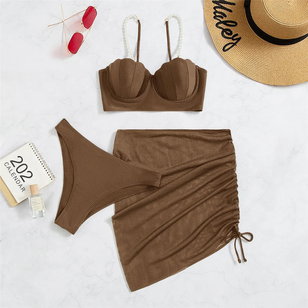 S - XL perle Bikini Push Up costume da bagno donna costumi da bagno donna Bikini a tre pezzi con reggiseno coppa bagnante costume da bagno Swim V4302