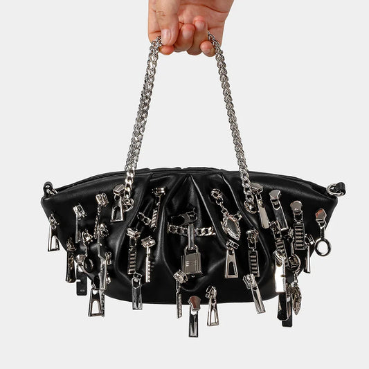 Borsa per ascelle con gnocchi increspato stile punk 2025 Borse a tracolla da donna con decorazione per la testa con cerniera multipla Borse Y2K per ragazza piccante