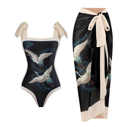 2 pezzi/set costume monokini da donna stampa vintage costume intero con cravatta al collo quadrato con gonna costume da bagno da donna con copertura da spiaggia