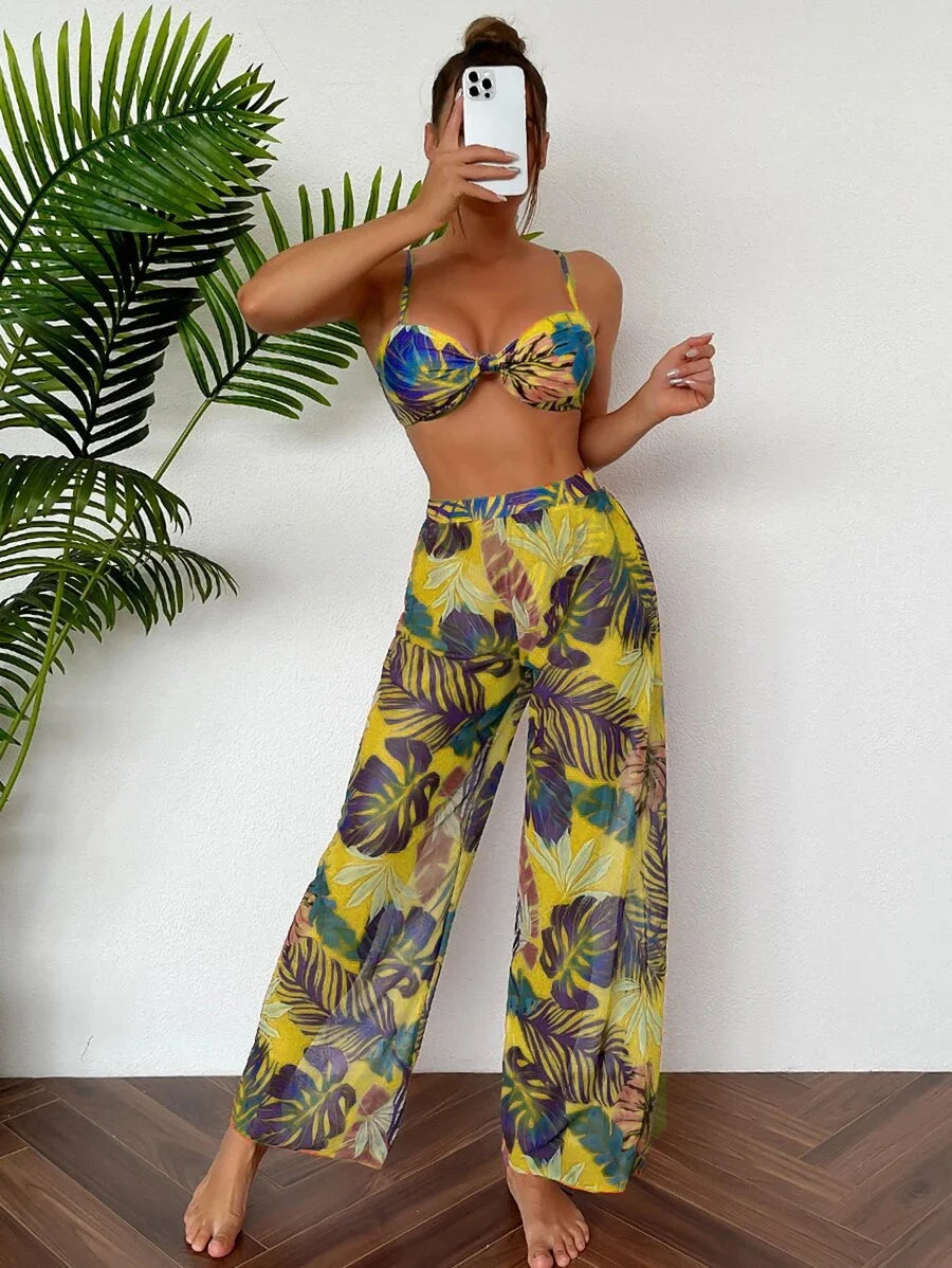 Nuovo costume da bagno bikini sexy pantaloni a rete costume da bagno da donna diviso in tre pezzi