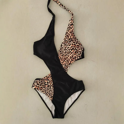 Sexy Leopard Print Color Block One Piece Swimsuit Women's Strap Backless Bodysuit Cross-Border Shipping Available