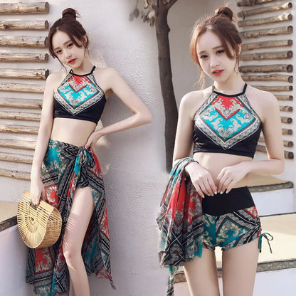 Damen Bikini Set Vintage Boho Print Neckholder Crop Top mit High Waist Shorts Wickel-Pareo Cover Up Strand Badeanzug Bademode