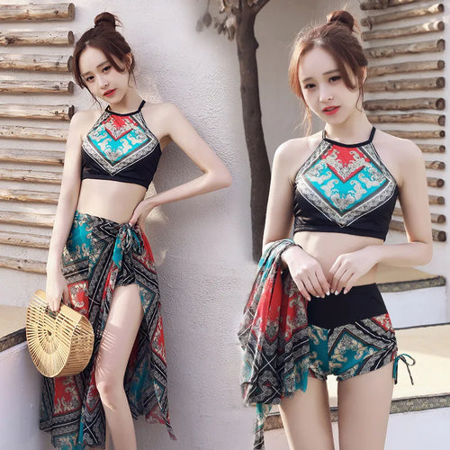 Damen Bikini Set Vintage Boho Print Neckholder Crop Top mit High Waist Shorts Wickel-Pareo Cover Up Strand Badeanzug Bademode