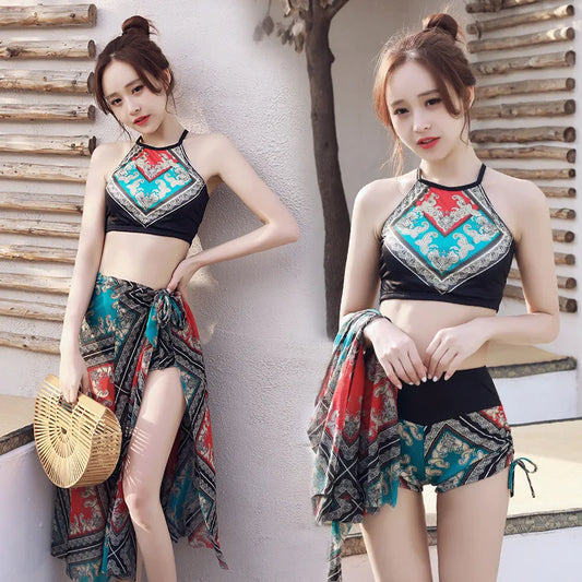 Damen Bikini Set Vintage Boho Print Neckholder Crop Top mit High Waist Shorts Wickel-Pareo Cover Up Strand Badeanzug Bademode