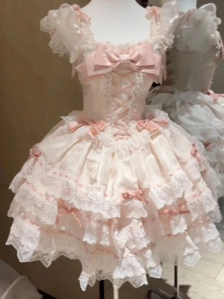 Sweet Lolita Y2k Mini abiti da donna patchwork in pizzo manica corta fasciatura elegante abito da festa corto vintage francese estivo femminile