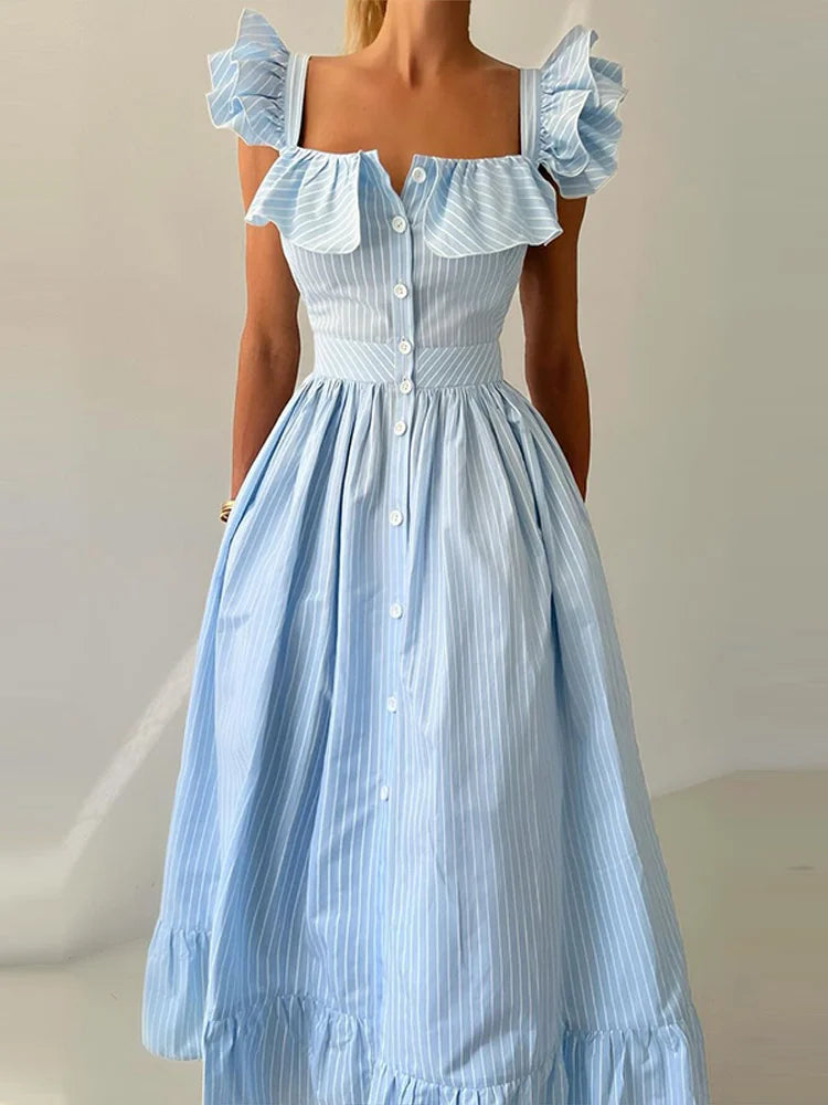 BKQU Abito lungo elegante con maniche volanti a righe con volant Abito lungo da donna chic con colletto quadrato sottile monopetto Abito lungo da festa estivo femminile