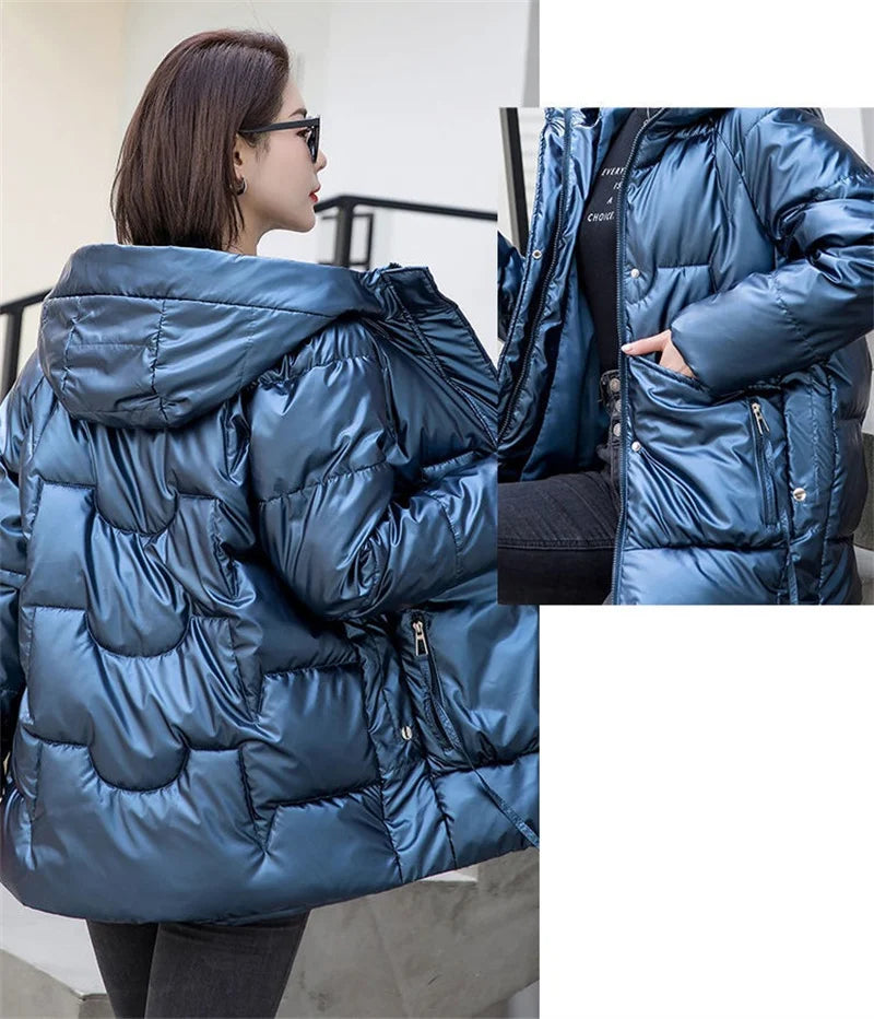 Nuova Giacca Invernale 2026 per Donna, Parka Lucido Imbottito in Cotone, Giacca Femminile Tinta Unita, Cappotto Caldo con Cappuccio