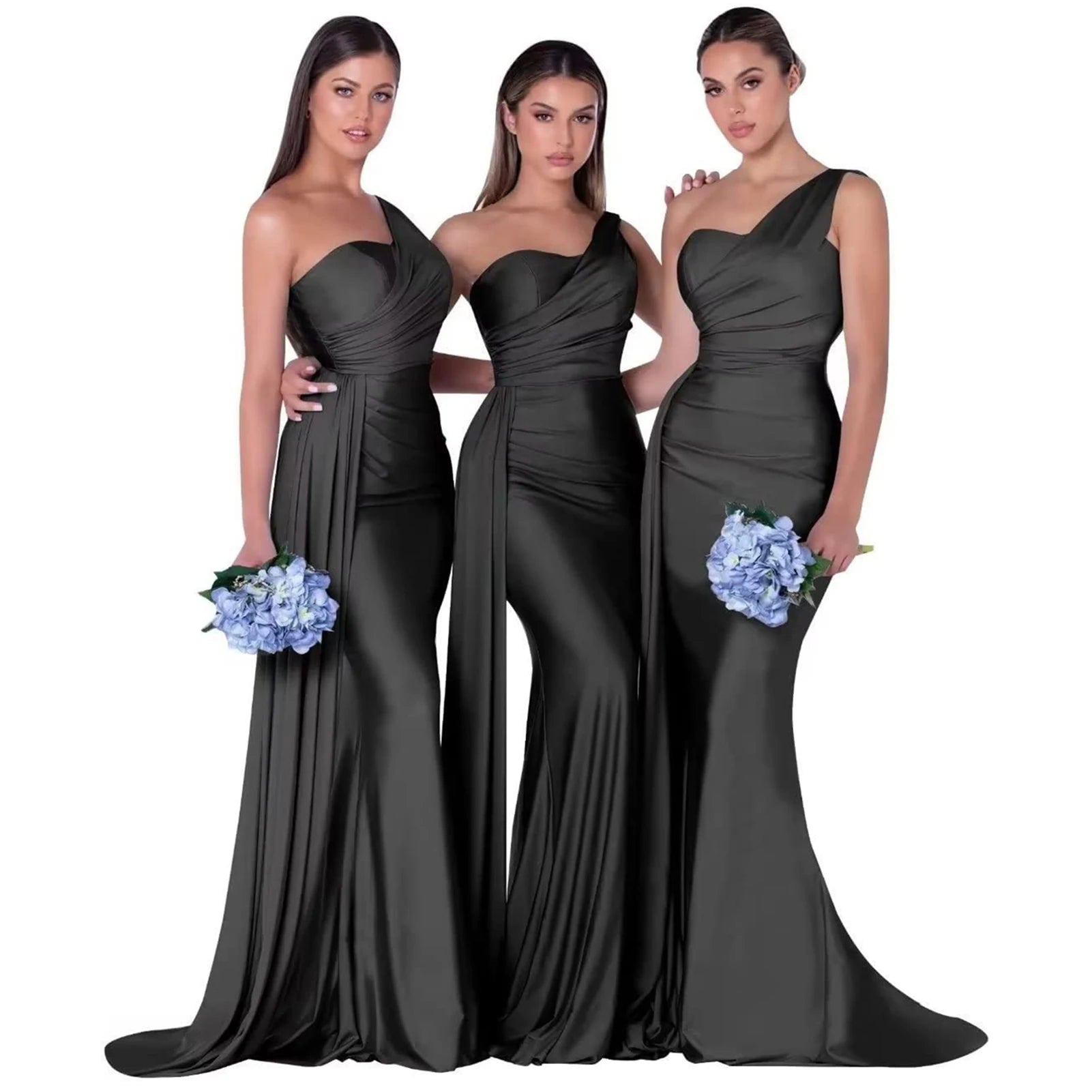 Abiti da damigella d'onore eleganti a sirena monospalla senza maniche in raso abito da cerimonia nuziale abiti para bodas con strascico personalizzato