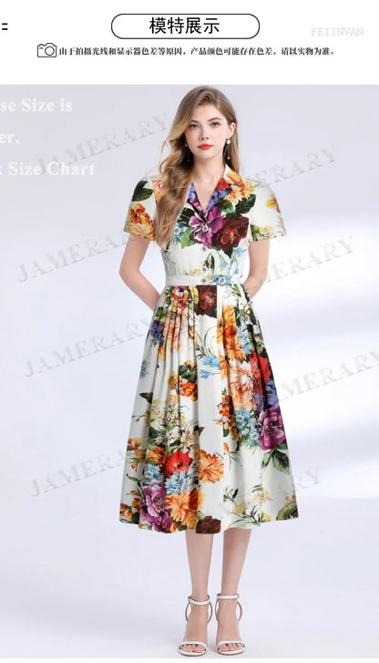 Camicia lunga da donna con stampa floreale estiva da passerella Abiti lunghi a pieghe a maniche corte da donna Abiti da sera eleganti da donna