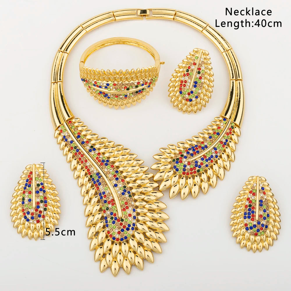 Parure de bijoux tendance et colorée pour femme, boucles d'oreilles et collier en zircon, grand bracelet plaqué or, bague, nouveau style, cadeau de bijoux