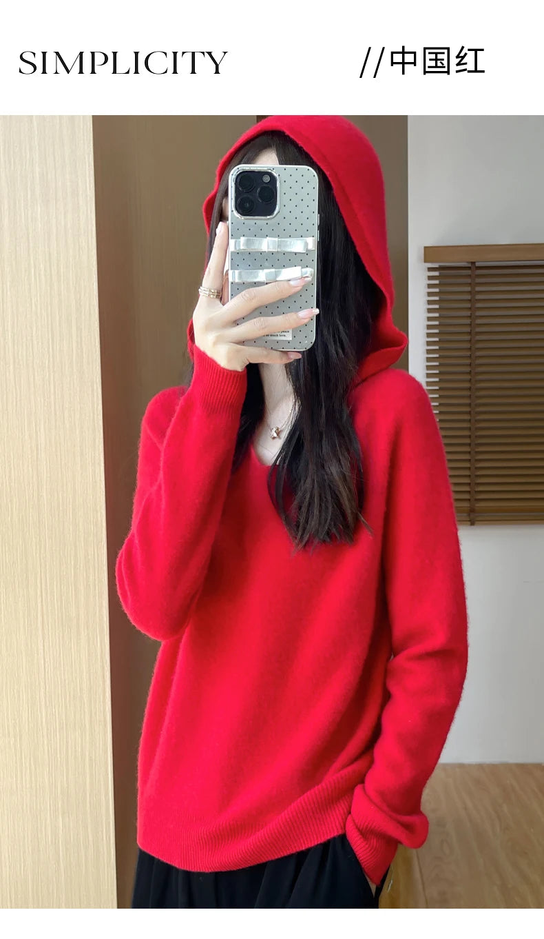 Abbigliamento donna autunno inverno colletto con cappuccio pullover maglione di lana merino 100% nuova moda top in cashmere che tocca il fondo maglieria morbida