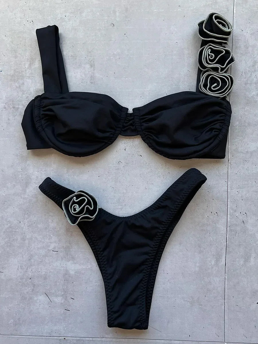Sexy 3D Fiori con ferretto Bikini brasiliano Costumi da bagno donna Costume da bagno femminile Bikini a due pezzi Costume da bagno a triangolo Swim Lady