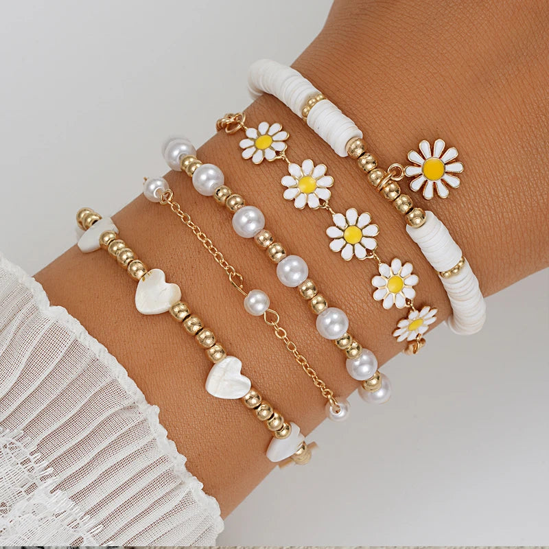 8 pezzi set di braccialetti con ciondolo fiore margherita vintage per le donne braccialetti di perle di cuore di stella di smalto con perline di Boemia regali di gioielli alla moda