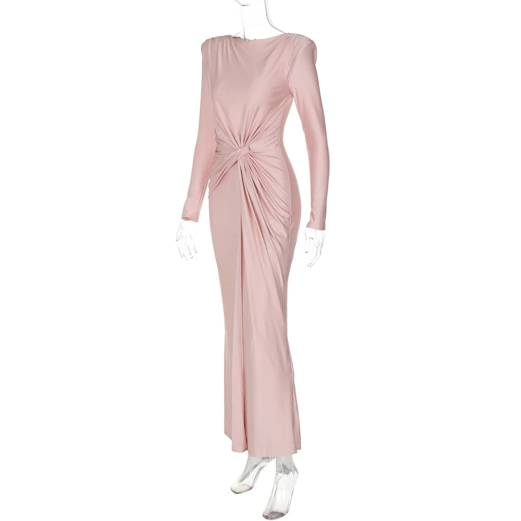 Abito da sera elegante da donna, manica lunga, o-collo, increspato, moda, abiti lunghi, donna, night club, streetwear, outfit autunnale