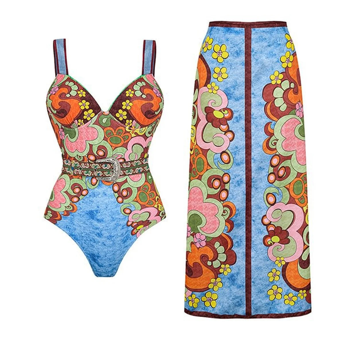 2Pcs Printed Swimsuit Women Sexy Swimwear New Bikini With Long Skirt Female Biquini Push Up Swim Suit Bodysuit Beachwear CoverUp