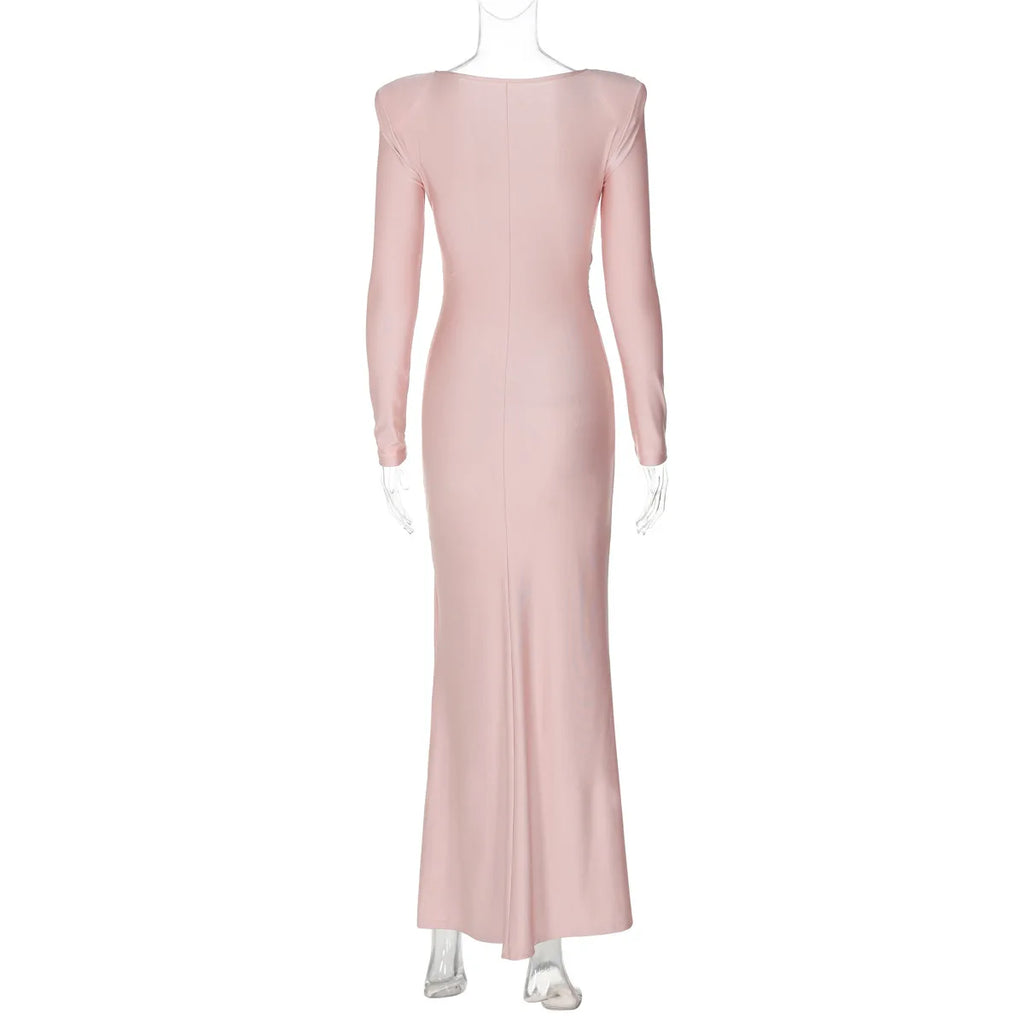 Abito da sera elegante da donna, manica lunga, o-collo, increspato, moda, abiti lunghi, donna, night club, streetwear, outfit autunnale