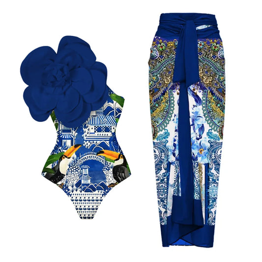 Costume da bagno floreale con stampa floreale con volant monospalla blu Set copricostume singolo micro monokini costumi da bagno sexy per ragazze Summer Beach