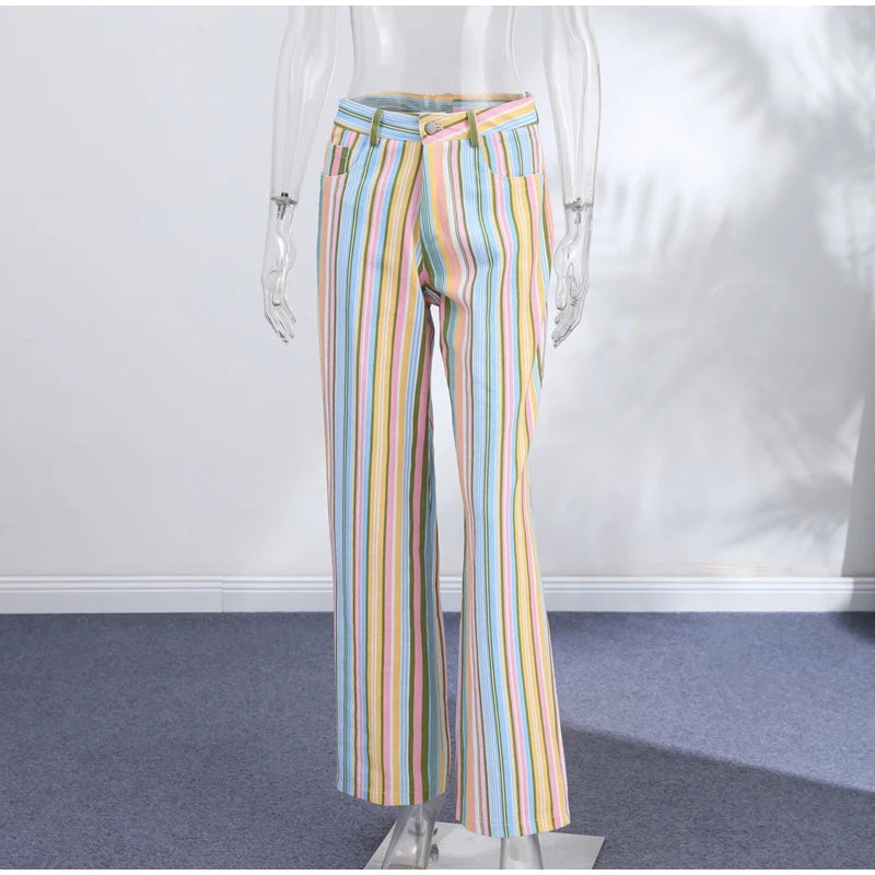 Jeans da Donna a Righe Stile Street Fashion con Cerniera, Bottone e Tasche, Gamba Larga, Pantaloni in Denim Chic Primavera Estate 2026