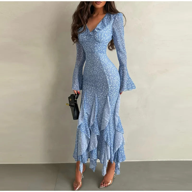 Abito Lungo da Donna con Stampa, Scollo a V, Maniche a Campana, Bordo a Foglia di Loto, Vita Alta, Vestito Maxi Aderente, Elegante Abito da Sera per Feste