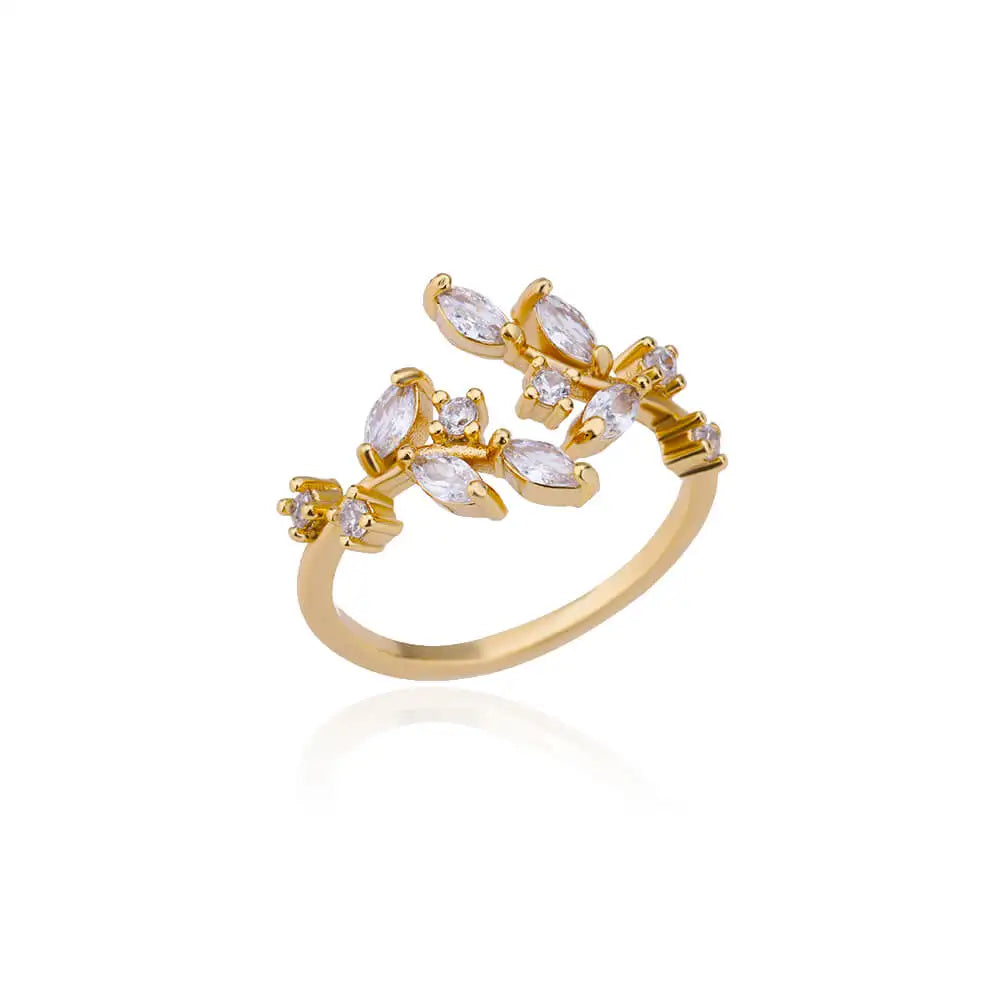 Anelli a foglia a doppio strato con zirconi di lusso per le donne Anello in acciaio inossidabile color oro Boho Coppia gioielli Accessori anelli mujer