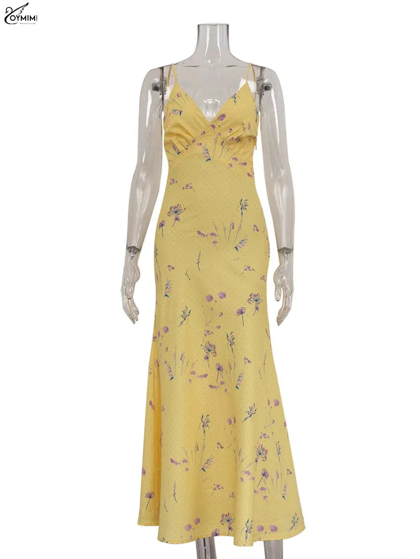 Oymimi Abito da donna casual con stampa gialla Elegante cinturino per spaghetti Abiti aperti sul retro Abito alla caviglia a vita alta moda autunnale