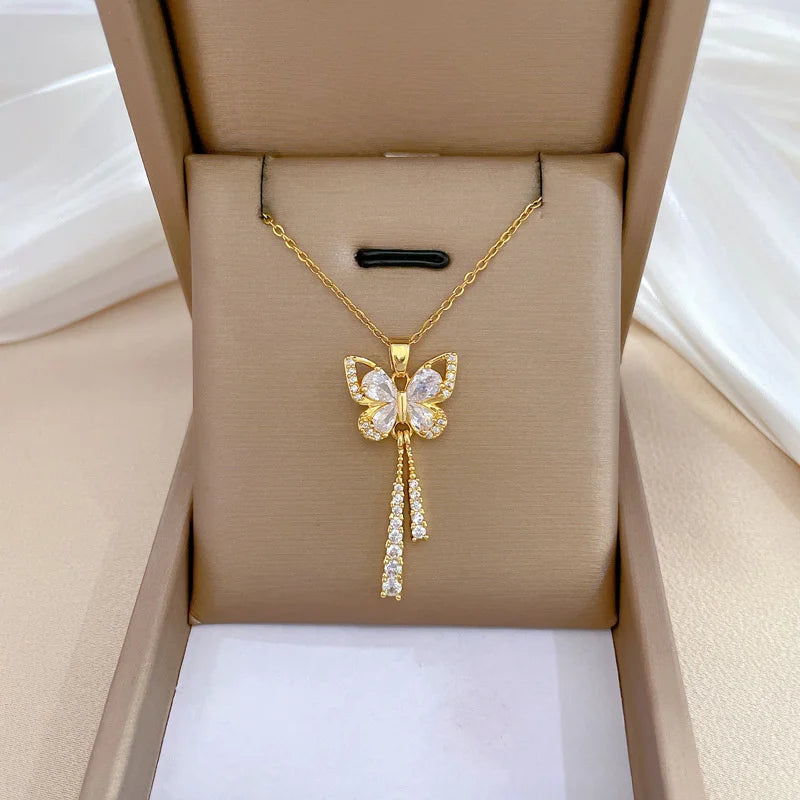 Squisito micro intarsiato zircone farfalla nappa collana per le donne gioielli girocollo in acciaio inossidabile luna farfalla fiore clavicola