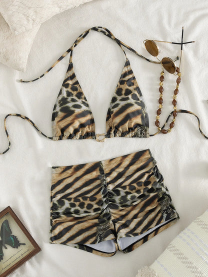 Damen Bikini-Set mit Leoparden- und Zebramuster, Neckholder Triangel-Oberteil mit gerafften High Waist Shorts, zweiteiliger Badeanzug für den Strandurlaub