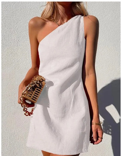 Summer Sexy Women Fashion Solid Mini Dress One-shoulder Asymmetric Diagonal Collar Cotton And Linen Casual Loose Elegant Dress