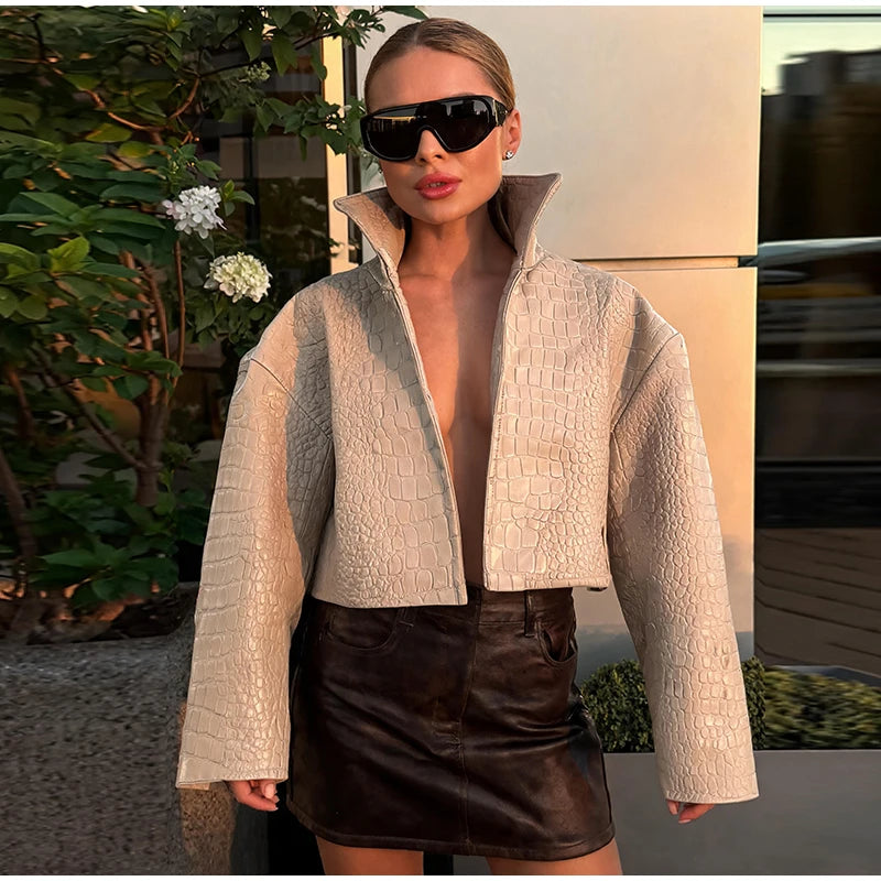 Giacca da donna in pelle PU tinta unita con colletto alla coreana e bottoni, cerniere, cappotto da donna, moda autunno 2026, capospalla femminile streetwear