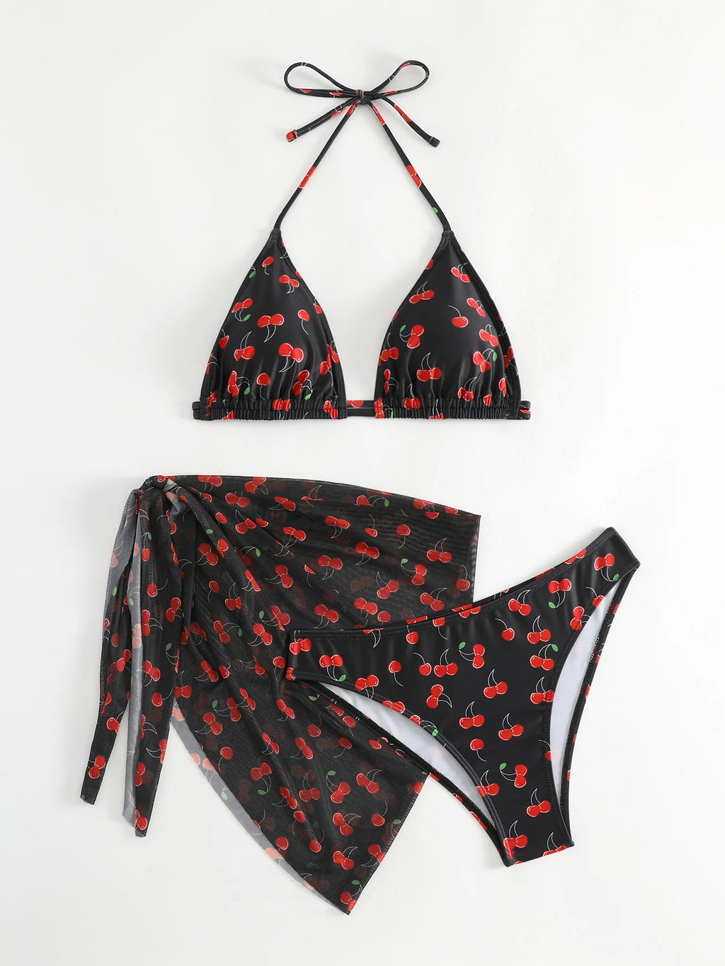 Il bikini da donna Frech chic con stampa ciliegia imposta tre pezzi con gonna a rete costume da bagno costumi da bagno costume da bagno abiti da spiaggia biquini