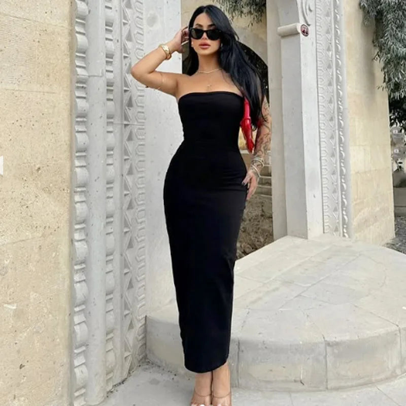 HXAO 2025 Abiti senza spalline da donna Estate Off White Nero Abito bianco Midi Increspato con spalle scoperte Abito senza schienale Abiti da ballo 066