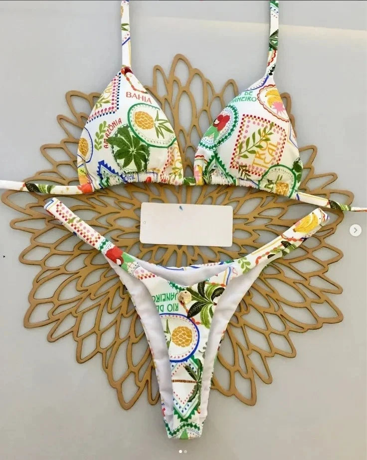 Summer Print Sexy Bikini Sets Halter Lace-up Tops Thongs Beach Style Bathing Suit Y2k Swimsuits Women Beachwear Fashion New