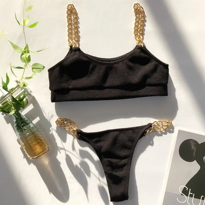 Micro Bikini Sexy 2026 Nero Solido con Reggiseno Push-Up e Cinghie Metalliche, Costume da Bagno Brasiliano, Perizoma, Biquini