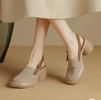 Sandali estivi Punta tonda Scava fuori Sandali con tacco alto per donna Sandali con plateau Zapatos Mujer Tacco grosso Scarpe di pelle di pecora Verde