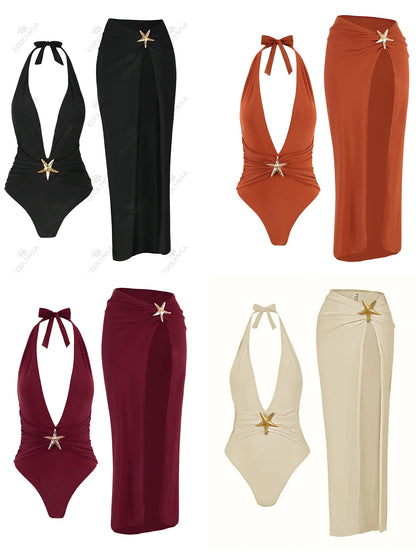 One Piece Bathing Suits With High Split Skirt Cover up 2 Piece Bikini Set 2025 Summer Elegant Women Sexy Halter Bikini Sets K59