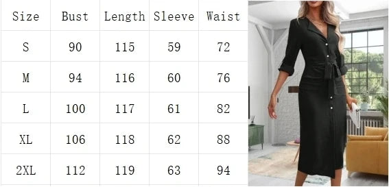 Abito da donna stile camicie tinta unita con scollo a V da ufficio Abito da donna a maniche lunghe con bottoni Abito elegante autunno primavera