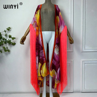 WINYI summer kimono boho summer dress beachwear bohemian print Bikini Cover-up Cardigan sexy Holiday long Sleeve tassels dress