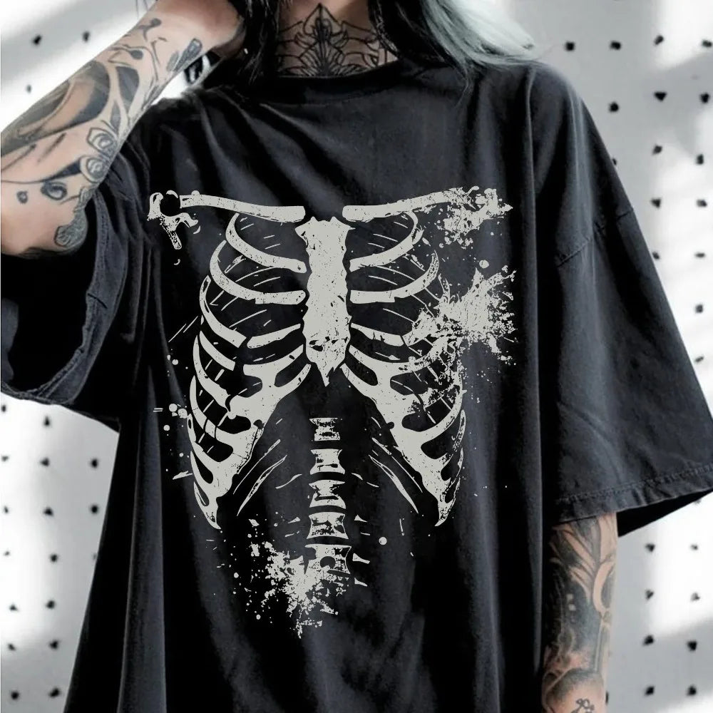 T-shirt Oversize con Stampa Teschio Stile Dark, Nuovo Articolo Estivo, Adatto per Uomo e Donna, T-shirt Casual