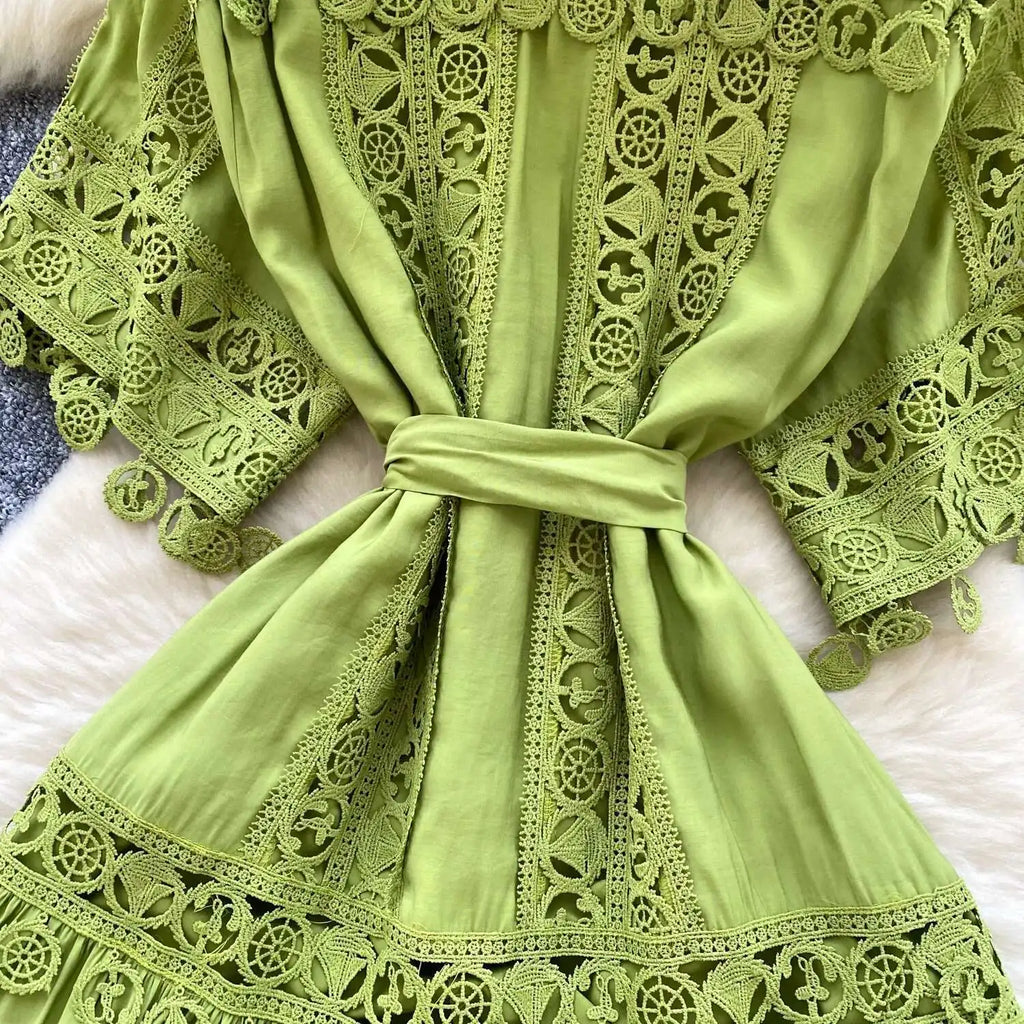 Abiti midi scavati di lusso Camicia da donna Vacanza estiva Elegante bottone monopetto Cintura in pizzo Ricamo Vestido lungo da festa