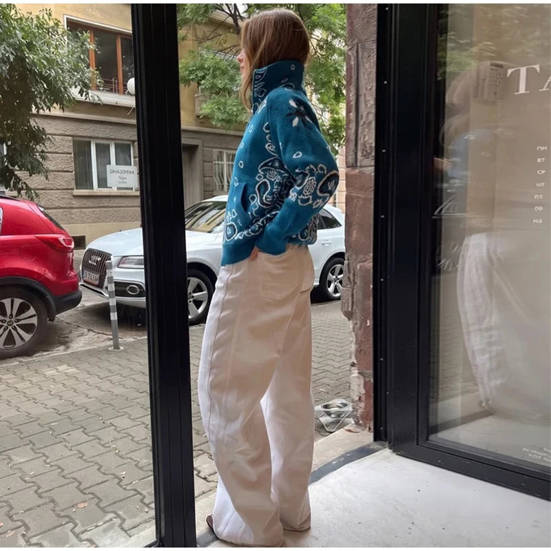Giacca in maglia con stampa paisley per donna, colletto alto, maniche raglan, chiusura a zip, tasca frontale, cardigan autunnale 2026, giacca retrò ampia.