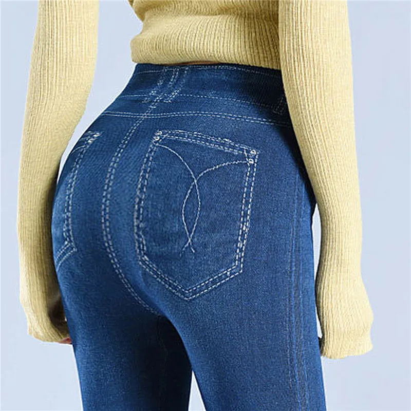 Leggins in finto denim Pantaloni in jeans finti in pile Push Up Elastico a vita alta Leggings da donna Pantaloni sportivi Pantaloni a matita in peluche caldi